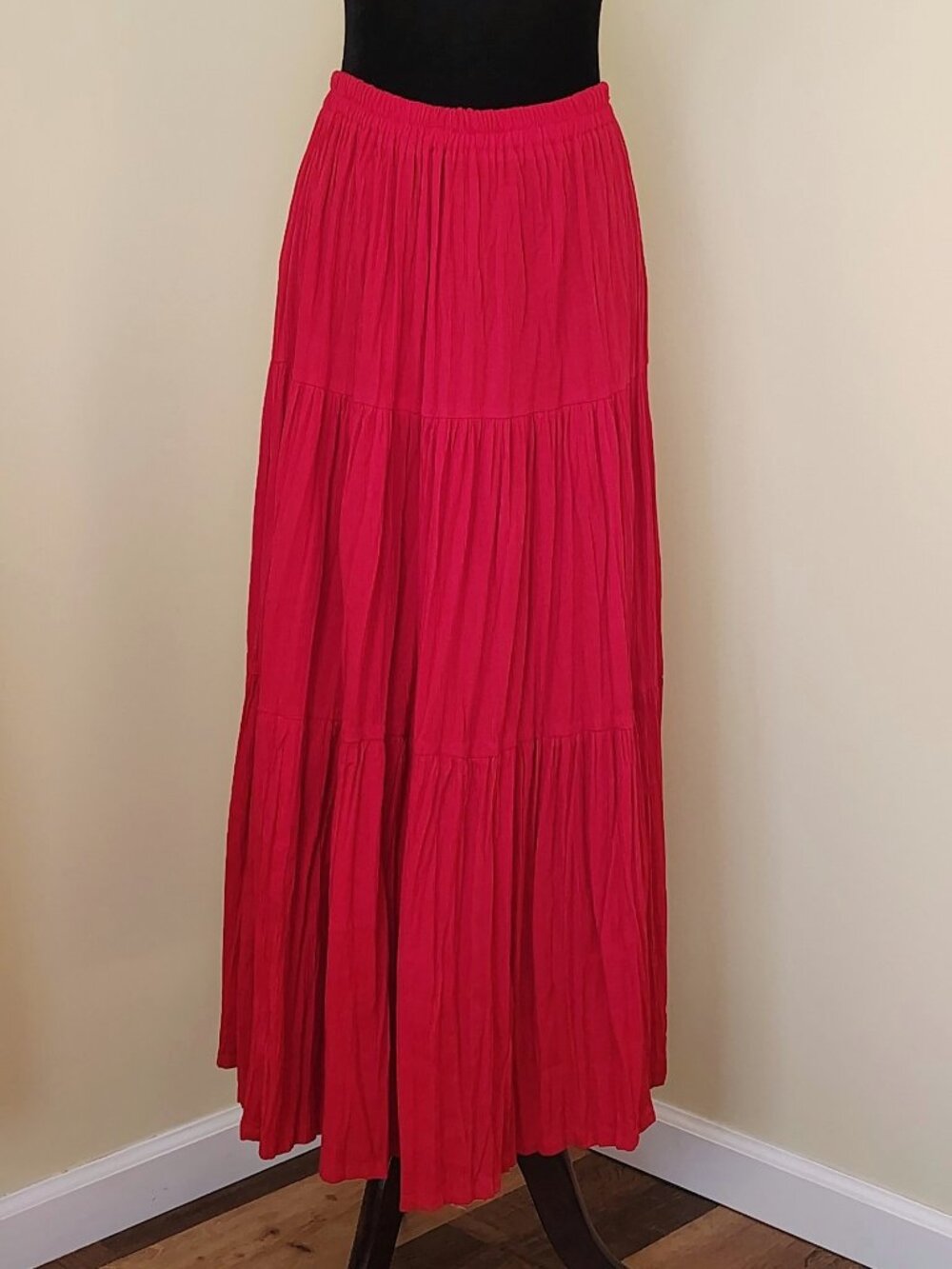 Vintage 80s/90s Cherry Red Rayon CASEY COLEMAN Texas Made Tiered Boho Maxi Skirt